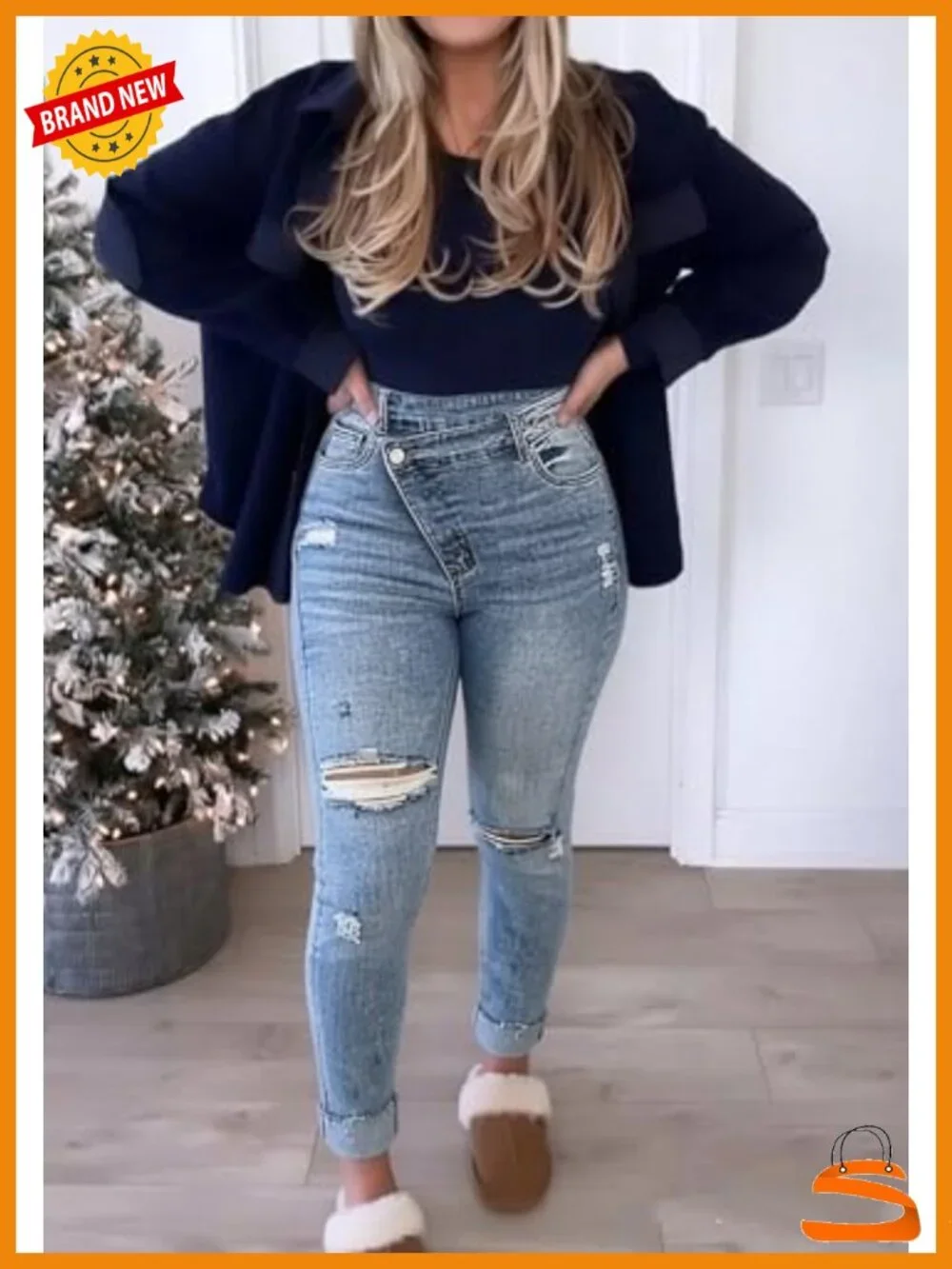 Cuffed Ripped Skinny Stretchy Denim Jeans Y2K Distressed
